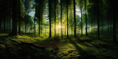 Fantasy landscape with dark forest and bright sun.