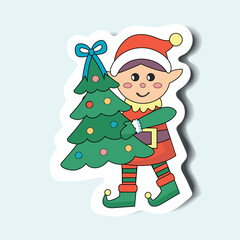 Christmas elf of the sticker set in cartoon design. Cute Christmas elf character with Christmas tree sticker is the perfect addition to winter projects. Vector illustration.