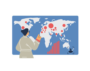 Scientist woman looks at the map, flat vector illustration on white
