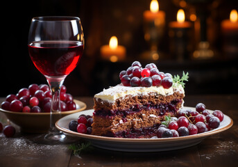 Elegant detail of Christmas cake accompanied by glasses of red wine on wooden table. AI generated