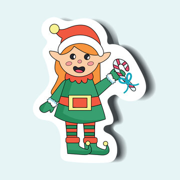 Christmas elf of the sticker set in cartoon design. This image can add a dash of holiday whimsy with cute and colorful Christmas elf character sticker. Vector illustration.