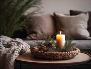 Decorative winter arrangement with fir and candles in cozy home interior, stylish room decor for Christmas holiday season, afternoon daylight