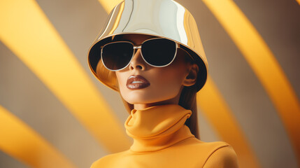 Portrait de femme fun futuriste aux lunettes de soleil et chapeau doré - obrazy, fototapety, plakaty