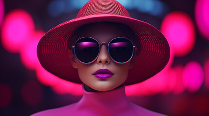 Portrait de femme en rose aux lunettes de soleil et chapeau - obrazy, fototapety, plakaty