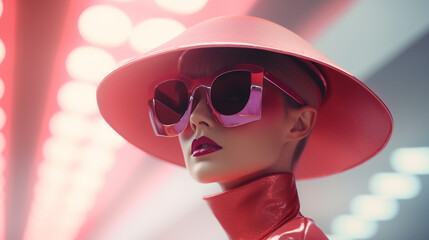 Portrait de femme rose glamour aux lunettes de soleil et chapeau
