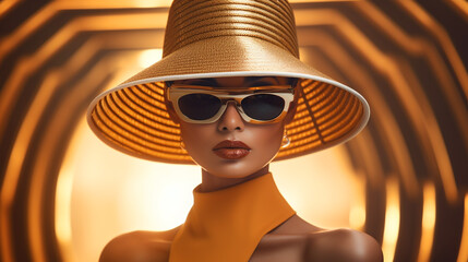Portrait de femme fun futuriste aux lunettes de soleil et chapeau doré