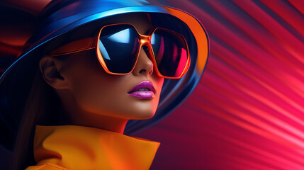 Portrait de femme fun futuriste aux lunettes de soleil et chapeau casque