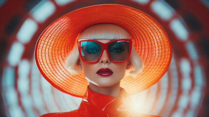 Portrait de femme fun futuriste aux lunettes de soleil et chapeau - obrazy, fototapety, plakaty