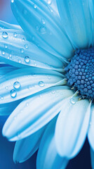 Close up of blue daisy with water droplets on petals.