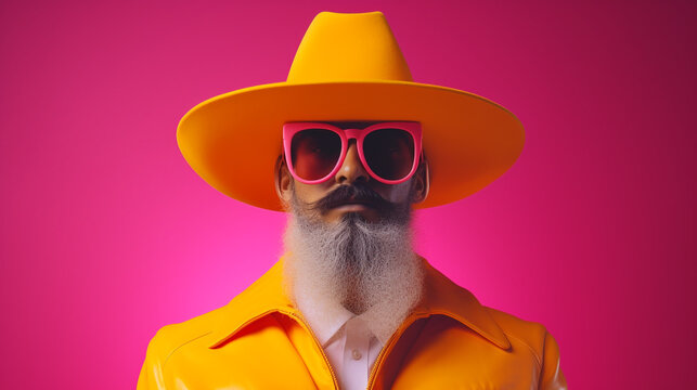 Homme barbu styl&eacute; cow boy avec chapeau jaune et lunettes roses