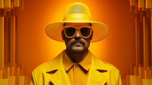 Homme &eacute;l&eacute;gant moustachu avec costume, chapeau et lunettes jaunes