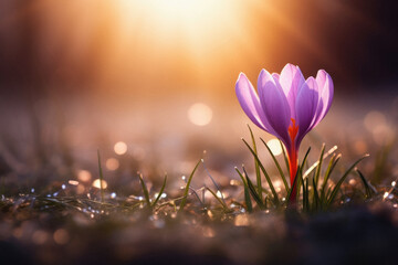 Beautiful crocus flower in the meadow at sunset. Early spring. - obrazy, fototapety, plakaty
