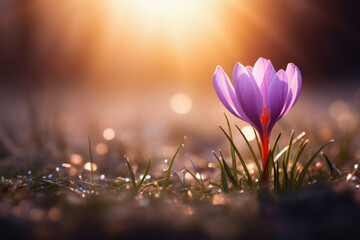 Beautiful crocus flower in the meadow at sunset. Early spring.