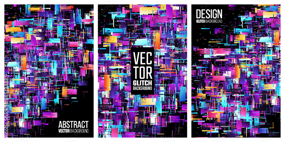 Poster colorful complex and intricate technical poster set with chaotic layered rectangles. glitch art mode