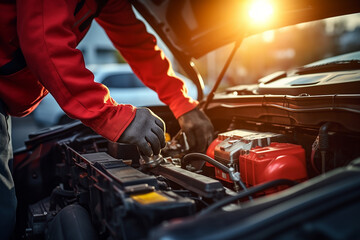 mechanic checks the battery in the car,auto repair Service electric battery and Maintenance of car battery, generative ai