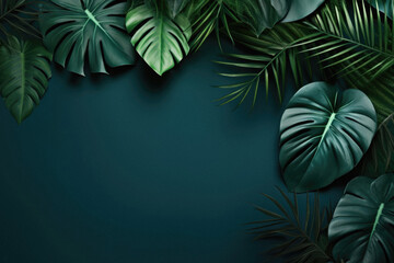 Tropical leaves on dark green background.