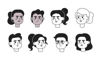 Diverse buyers sellers black and white 2D vector avatars illustration set. Realtor business people outline cartoon character faces isolated. Salespeople flat user profile images collection, portraits