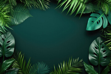 Creative layout made of tropical leaves on dark green background. Flat lay, top view minimal summer concept.