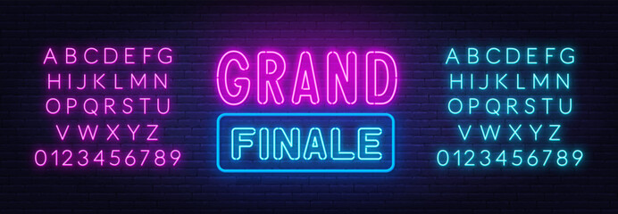 Grand Finale neon sign on brick wall background.