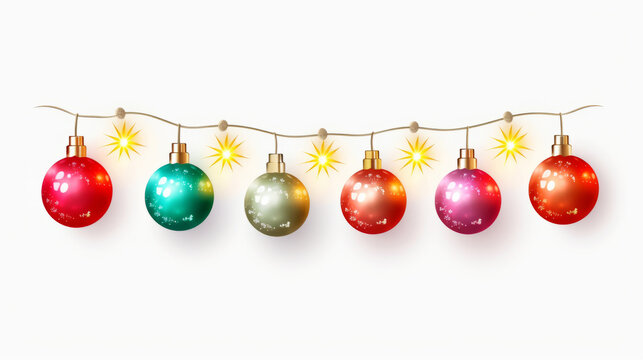 Colorful Christmas baubles and lights garland on white background