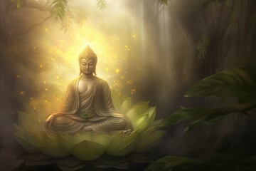 Buddhism. Indian religion of peace, god Buddha in the lotus position prays for world peace. Holy statue worship of all believers