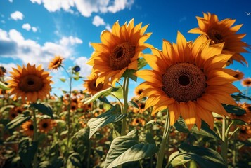sunflower garden with beautiful blue sky. generative ai