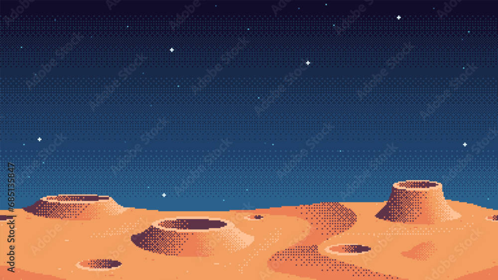 Poster pixel art game location. cosmic area, planet surface riddled with craters. seamless vector backgroun