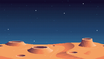 Pixel art game location. Cosmic area, planet surface riddled with craters. Seamless vector background. - obrazy, fototapety, plakaty