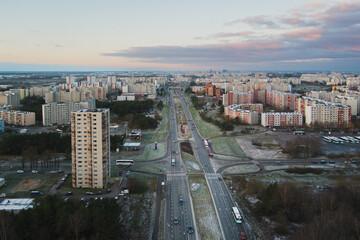 Fototapeta na wymiar Estonia, Tallinn. Lasnamäe area early in the morning, view from a drone.