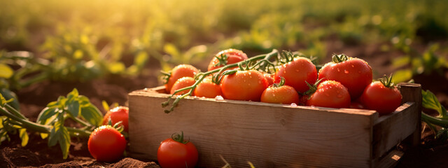 Organic tomatoes in a wooden box on the field.Generative AI