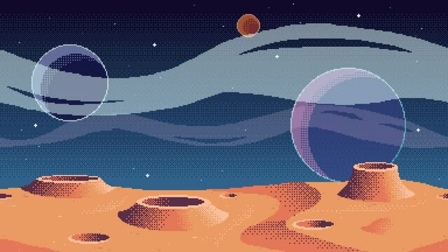 Looping animation of pixel art planet surface background with flying clouds. Animated cosmic game location. Seamless clip of outer space.