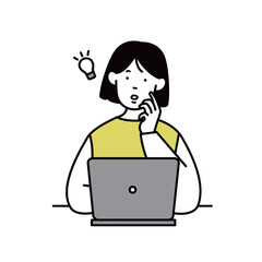 パソコン操作をするビジネスパーソン 主婦のイラスト素材 閃めく 考える