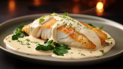 Closeup of cooked white fish filet with white creamy cheese sauce drizzled on top on plate, commercial photo for restaurant menu.