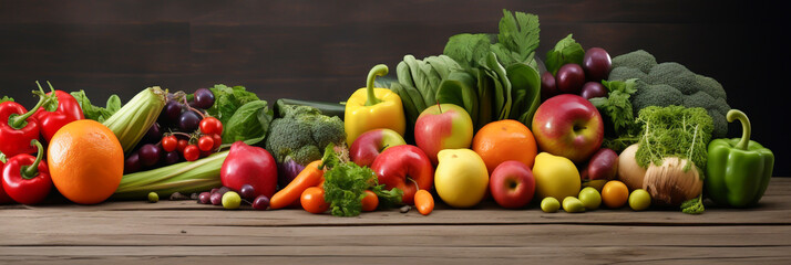 Various fruits and vegetables are arranged together on a wooden background.