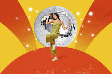 Photo sketch collage picture of funky cool lady having fun dancing isolated creative colorful...