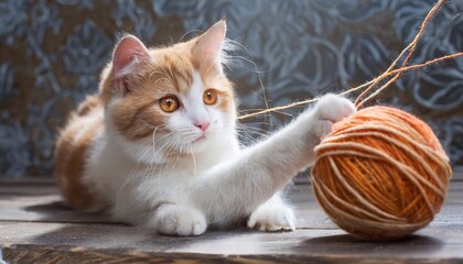 realistic red cat plays with a ball of thread.
Pets.