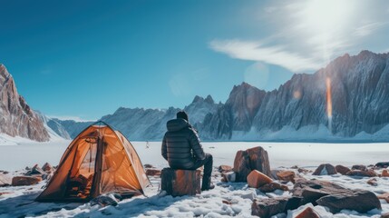 Tourist man camp on the winter season - obrazy, fototapety, plakaty