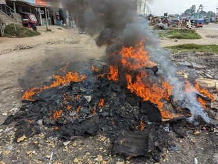 Burning fire on the road in the city of Kampong Thom of Cambodia