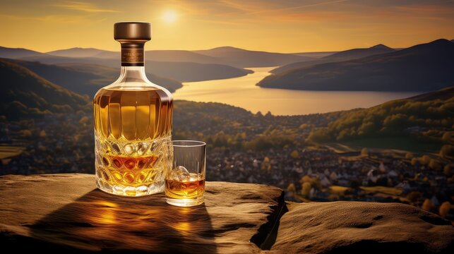 background scottish whiskey drink scenic illustration scotland distillery, malt peat, cask aging background scottish whiskey drink scenic