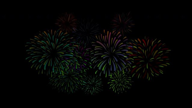 4K New year eve fireworks celebration loop seamless isolated on black backdrop motion abstract Multicolor shining glowing fireworks show with bokeh lights in the night sky Festival Holiday Celebration