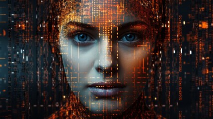 Woman looking at the camera and smart technology for face recognition, Biometric identification, digital binary data, futuristic cyber security, scanning and facial detection - obrazy, fototapety, plakaty