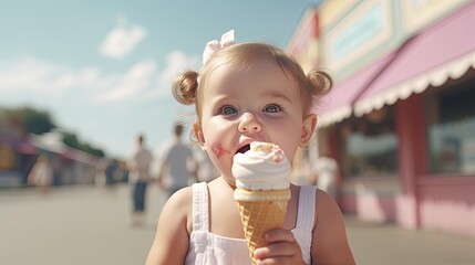 little girl eating a cone of ice cream on a sunny summer day