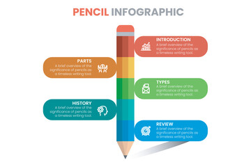 colorful pencil diagram infographic element template, vertical row layout diagram with 5 list of steps