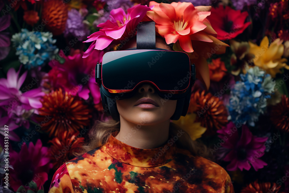 Poster generative ai person using virtual reality goggles 3d augmented experience exited digital world head