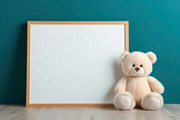 teddy bear sitting near empty wooden frame on green walls. mockup for nursery art - obrazy, fototapety, plakaty