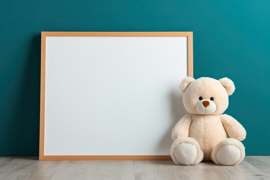 teddy bear sitting near empty wooden frame on green walls. mockup for nursery art