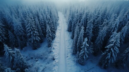  Aerial view of snowy forest with clear road