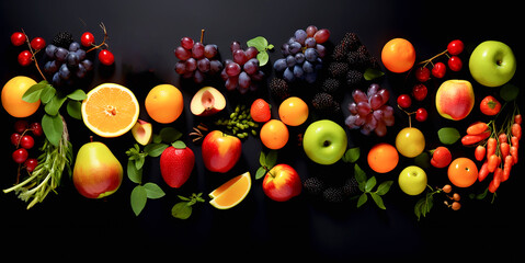 Various fruits Healthy food concept from top view Including fruits with high vitamins, fresh fruits such as oranges, apples, grapes, kiwis, bananas, etc., with space on a black background.