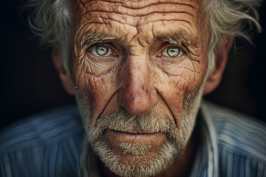 Close up generated ai picture of old elderly upset unhappy man with a wrinkled face living alone