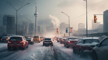 Naklejka premium Frozen Standstill: City commute nightmare as cars are trapped in a snowstorm-induced traffic jam on a cold winter day. Icy roads create a picturesque yet challenging scene